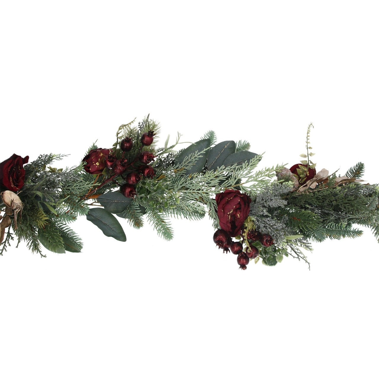 Gisela Graham Mixed Green Leaf Red Rose Garland  Featuring faux fir and leaves aplenty, this Christmas tree garland is embellished with soft fabric green leaf and red roses detailing. It’s perfect for creating a traditional festive feel in your home.