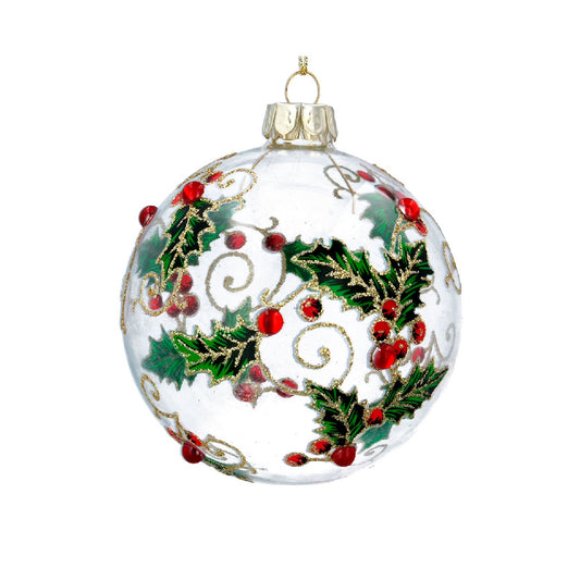 Gisela Graham Glass Bauble Holly & Red Berries Hanging Decoration  Browse our beautiful range of luxury Christmas tree decorations and ornaments for your tree this Christmas.  Add style to your Christmas tree with this beautiful clear glass bauble decorated with a holly and red berries Christmas hanging ornament.