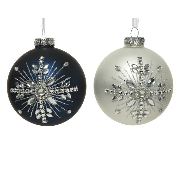 Kaemingk Christmas Night Blue Glass Bauble with Snowflake  Blue Pearl with Glitter Stripe Shatterproof Christmas Shiny Bauble Christmas Ornament