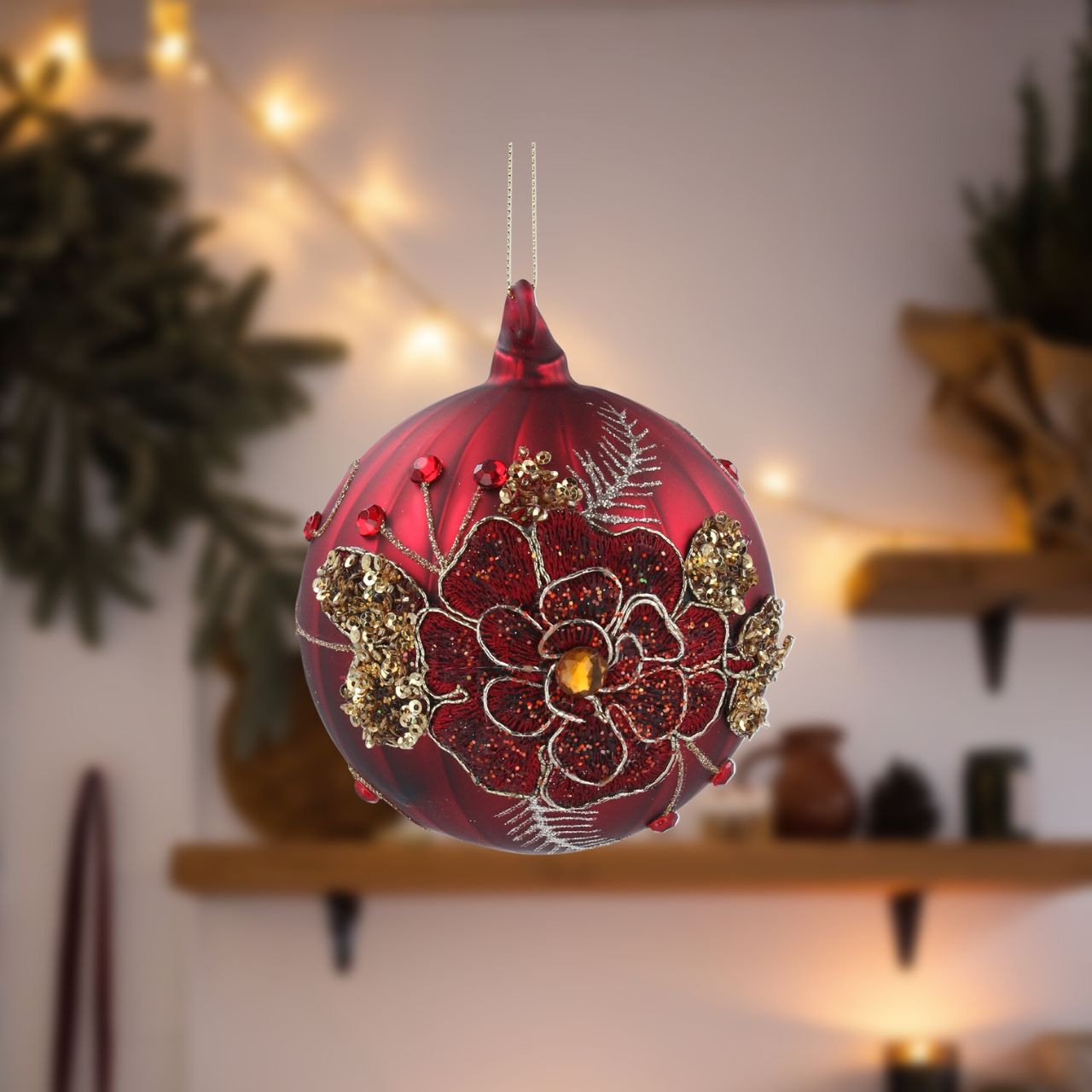 Gisela Graham Christmas Bauble Matt Burgundy With Embossed Flower & Leaves  Browse our beautiful range of luxury Christmas tree decorations, baubles & ornaments for your tree this Christmas.