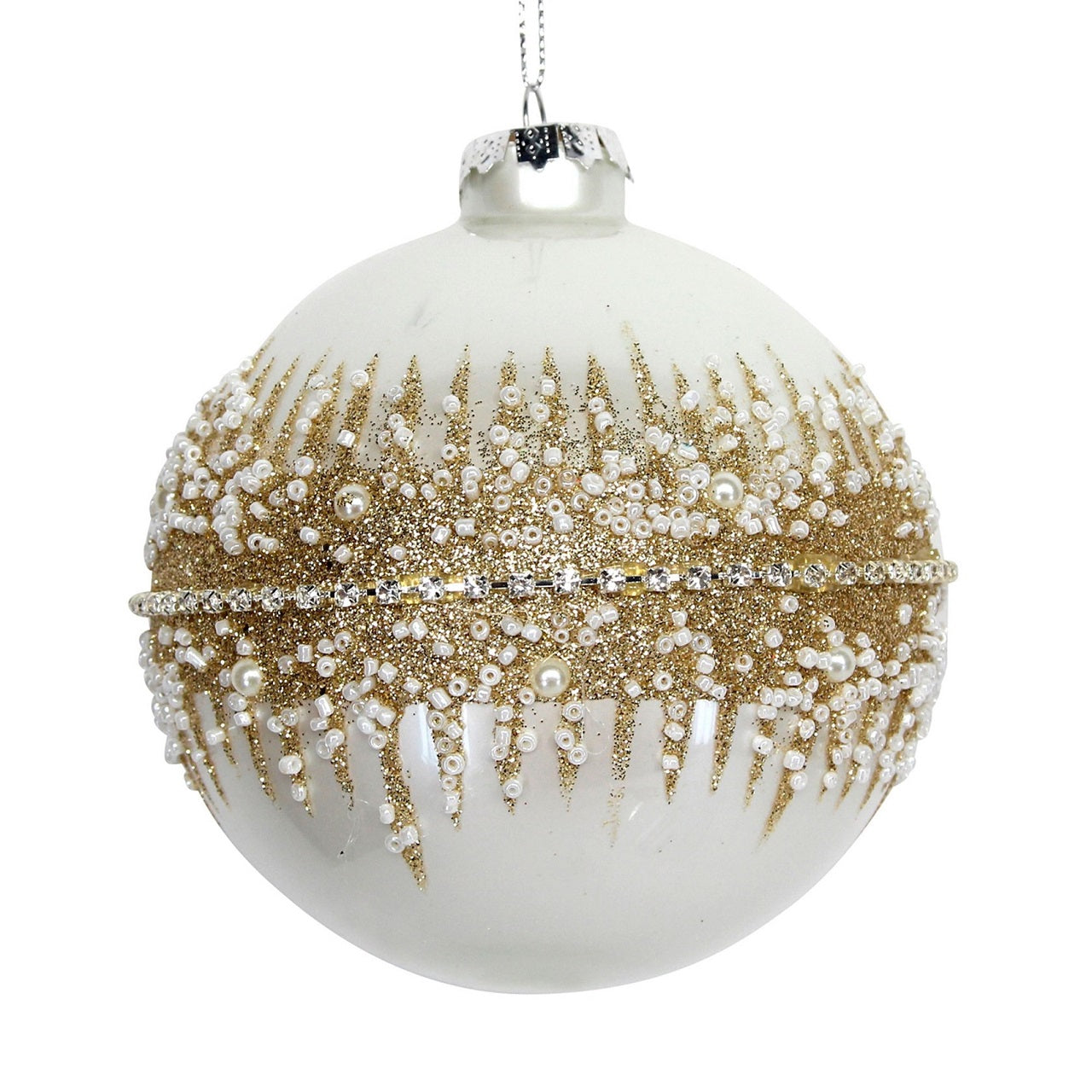 Gisela Graham Christmas Bauble White With Gold Glitter Spikey Band  Browse our beautiful range of luxury Christmas tree decorations, baubles & ornaments for your tree this Christmas.  Add style to your Christmas tree with these elegant Christmas white glass baubles decorated with glitter spikey band.