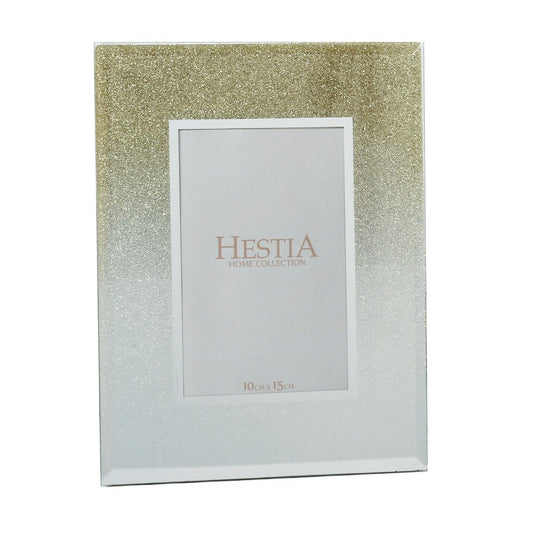 HESTIA® Glass Gold Glitter Photo Frame 4" x 6"  A mirrored glass portrait photo frame, with gold glitter waterfall detailing and 4" x 6" (10cm x 15cm) aperture. 