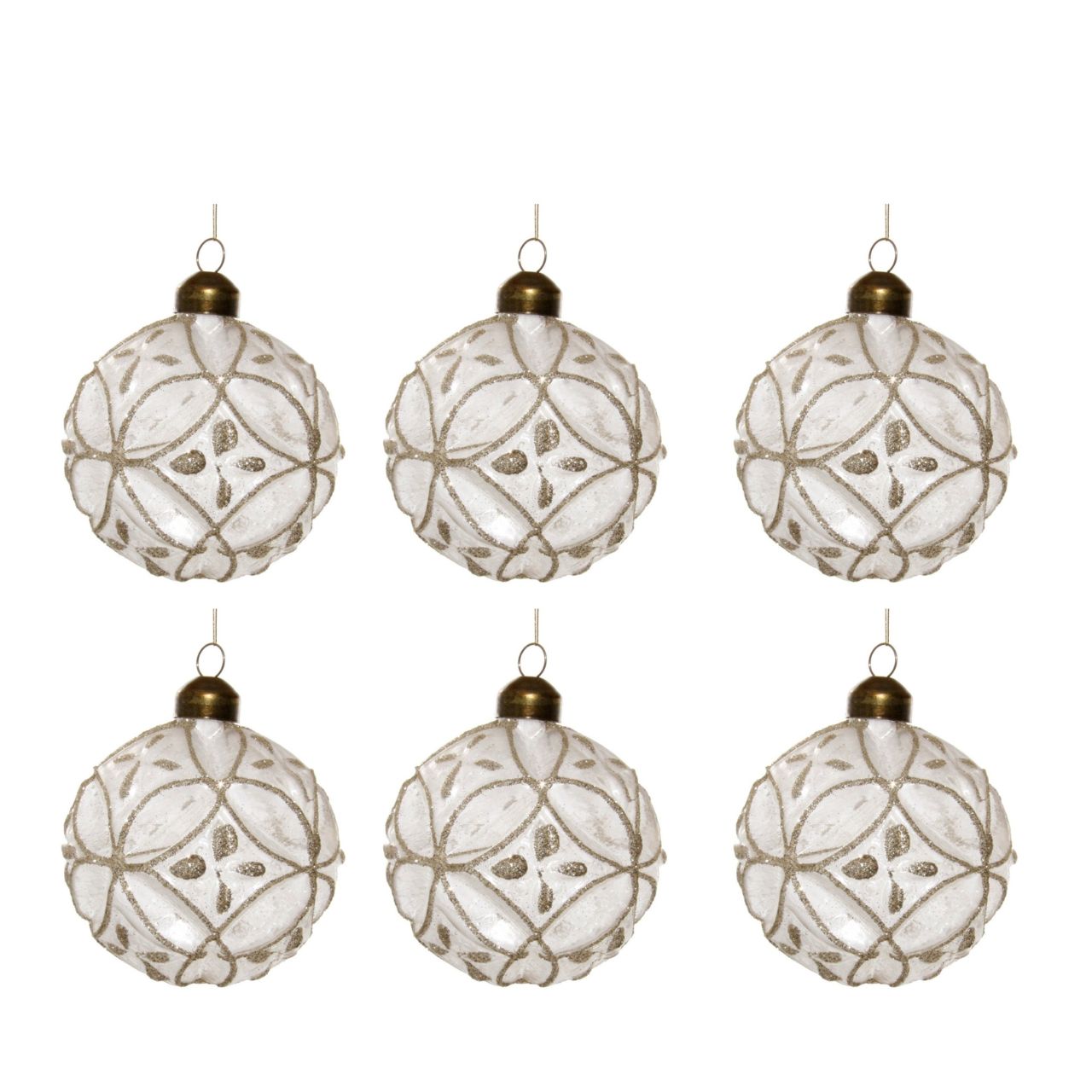 Shishi Glass Iced Floral Ball Champagne Glitter Christmas Ornament Set of 6   Browse our beautiful range of luxury festive Christmas tree decorations, baubles & ornaments for your tree this Christmas.