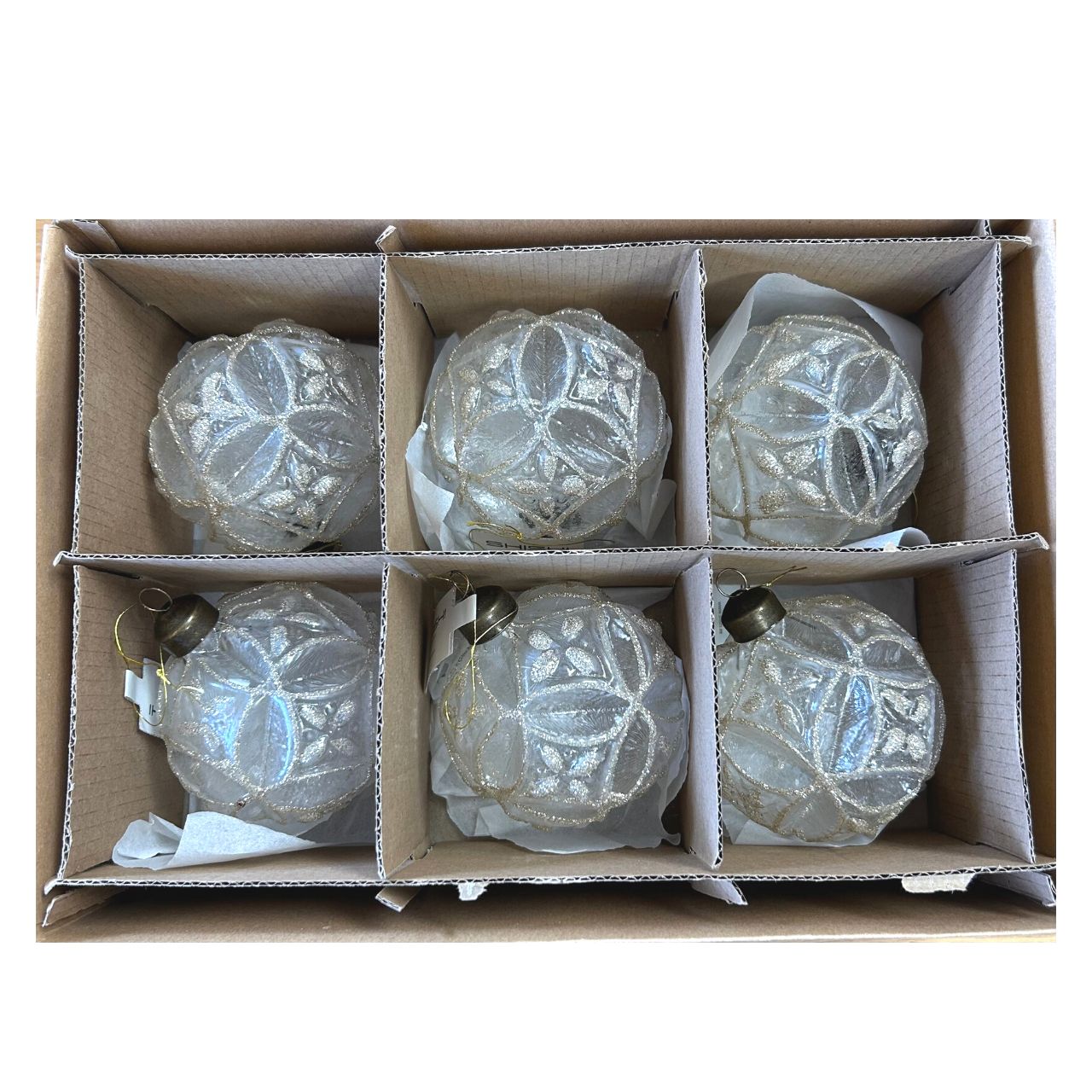 Shishi Glass Iced Floral Ball Champagne Glitter Christmas Hanging Ornament Set of 6   Browse our beautiful range of luxury festive Christmas tree decorations, baubles & ornaments for your tree this Christmas.