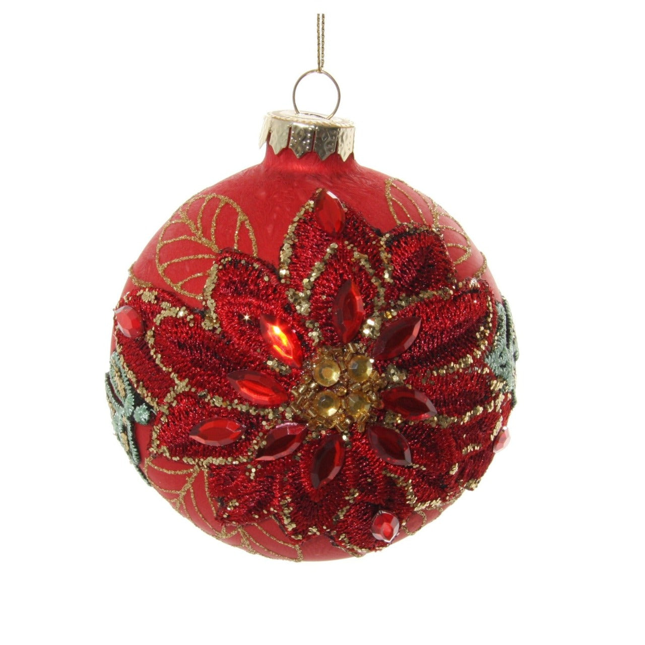 Shishi Glass Red Ball Frosted with Poinsettia Embroidery Hanging Ornament