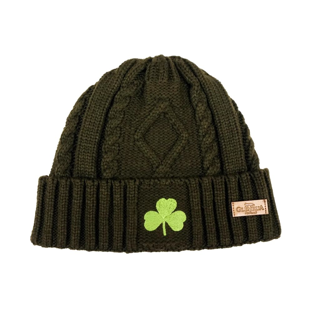 Cara Craft Glenrua Aran Knit Beanie Bottle Green with Shamrock  - Dingle - Woollen Hats - Machine Washable - Soft Touch - Premium Feel - Designed in Ireland