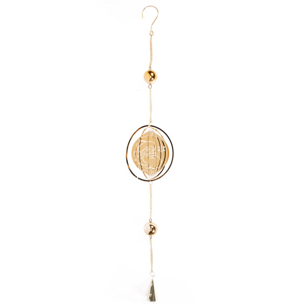 Gold Outdoor Hanging Santa Chime  A attractive copper outdoor Santa Wind Chime from the Golden Grandeur Blush Xmas Collection.  This stylish hanging wind chime would make the perfect addition to your festive home décor. The attractive design features a gold chain with a gold cut out Santa design that chimes festively in the wind and brings a festive sparkle to the home.