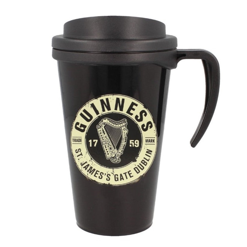 Guinness Travel Mug Distressed Label Medium   Guinness design makes for a unique Irish gift  Guinness Official Merchandise mug