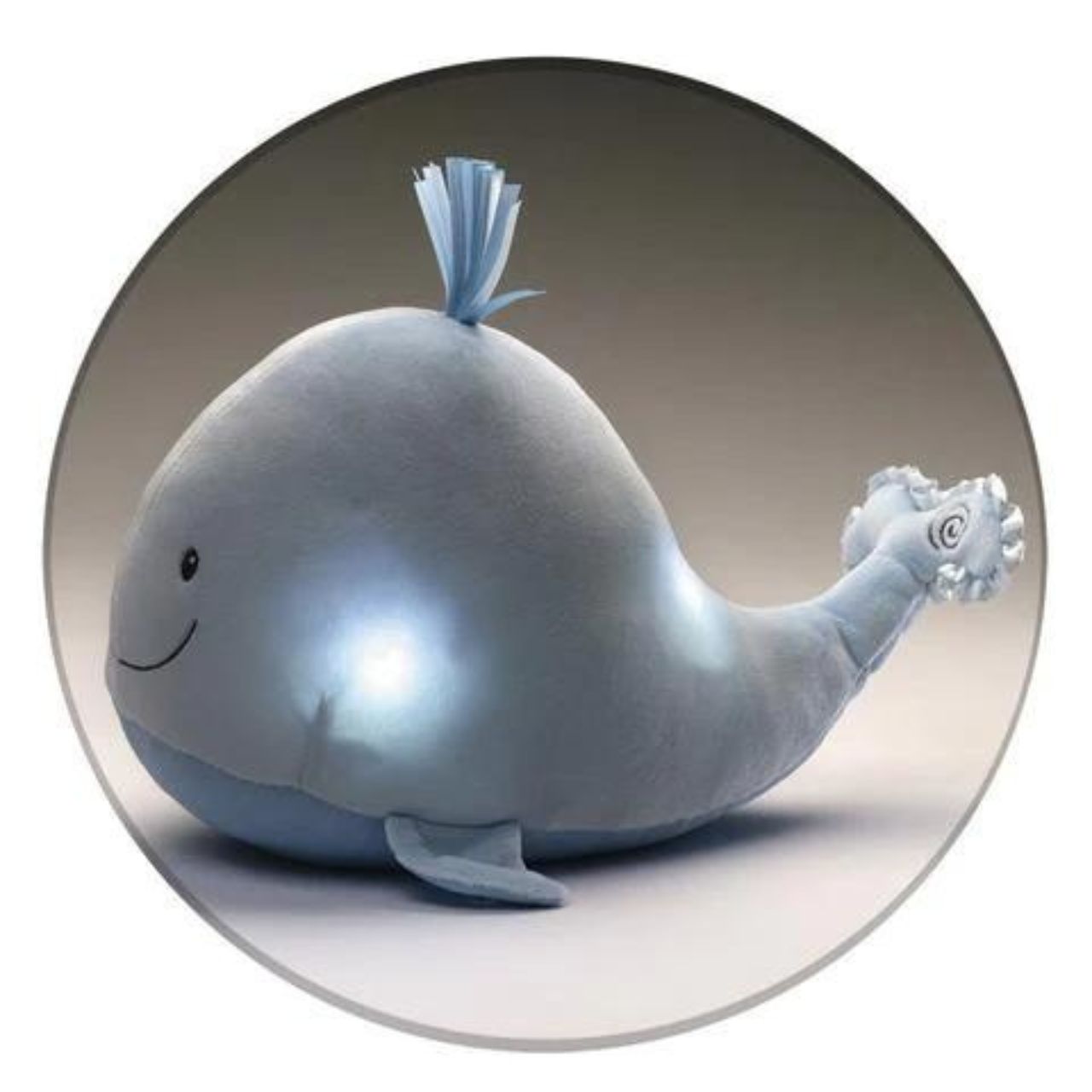GUND Baby Sleepy Seas Light & Sound Whale  This musical plush toy will help your babies drift off to sleep. The whale is presented in an oh-so-soft light blue fabric, with blue ribbons for its hair, and dark embroidery creating a smiling face. Press the left fin and the animated whale splashes into life. 