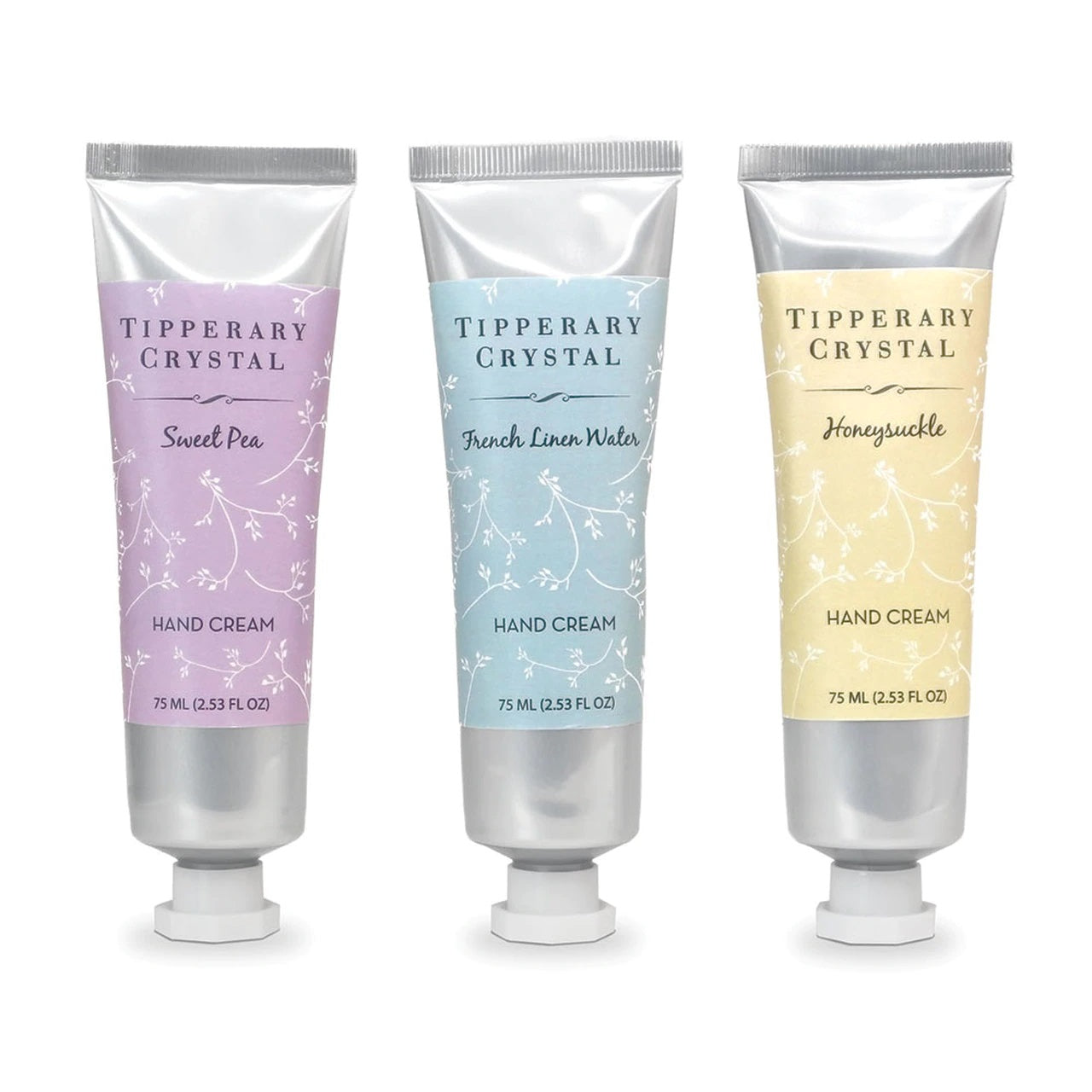 Tipperary Crystal Hand Cream Trio: Honeysuckle, Sweet Pea & French Linen.  Indulge your hands with these fresh floral fragrances of Honeysuckle, Sweet Pea & French Linen. These relaxing floral fragrance fusion will leave your hands feeling moisturised and soft.