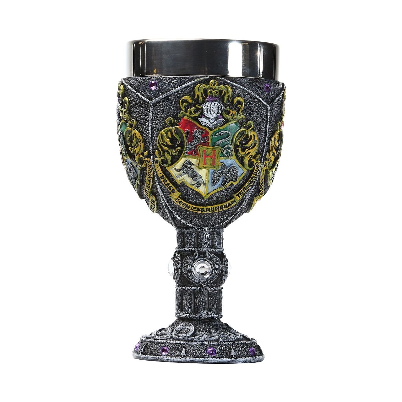 Hogwarts Decorative Goblet  Founded by the four greatest wizards of their time, Hogwarts School of Witchcraft and Wizardry has long been the pinnacle of magical learning. Show your school spirit with this elegant decorative goblet. Stainless steel rim.