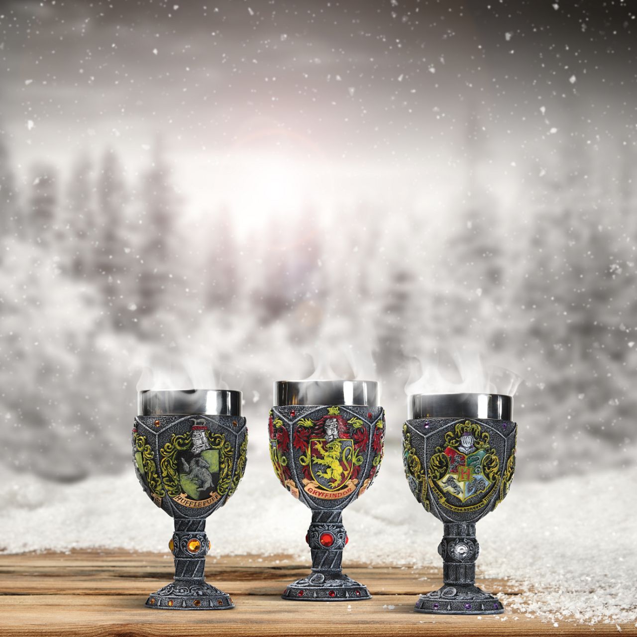 Hogwarts Decorative Goblet  Founded by the four greatest wizards of their time, Hogwarts School of Witchcraft and Wizardry has long been the pinnacle of magical learning. Show your school spirit with this elegant decorative goblet. Stainless steel rim.