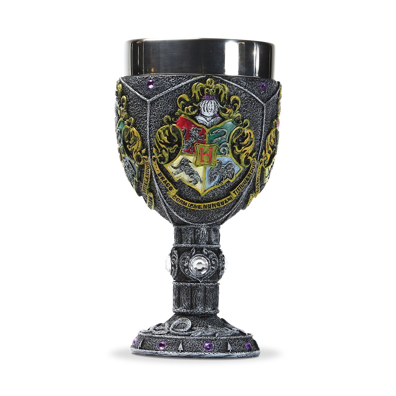 Hogwarts Decorative Goblet  Founded by the four greatest wizards of their time, Hogwarts School of Witchcraft and Wizardry has long been the pinnacle of magical learning. Show your school spirit with this elegant decorative goblet. Stainless steel rim.