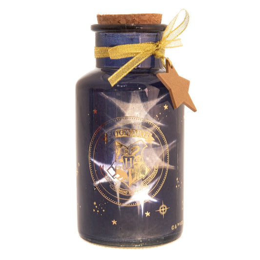 Harry Potter LED Light Up Glass Jar - Hogwarts Crest  Lumos maxima! Light up your home this Christmas with this Hogwarts LED glass jar light. With a stunning blue and gold design, this fun accessory is sure to add a touch of magic to your home this Christmas.