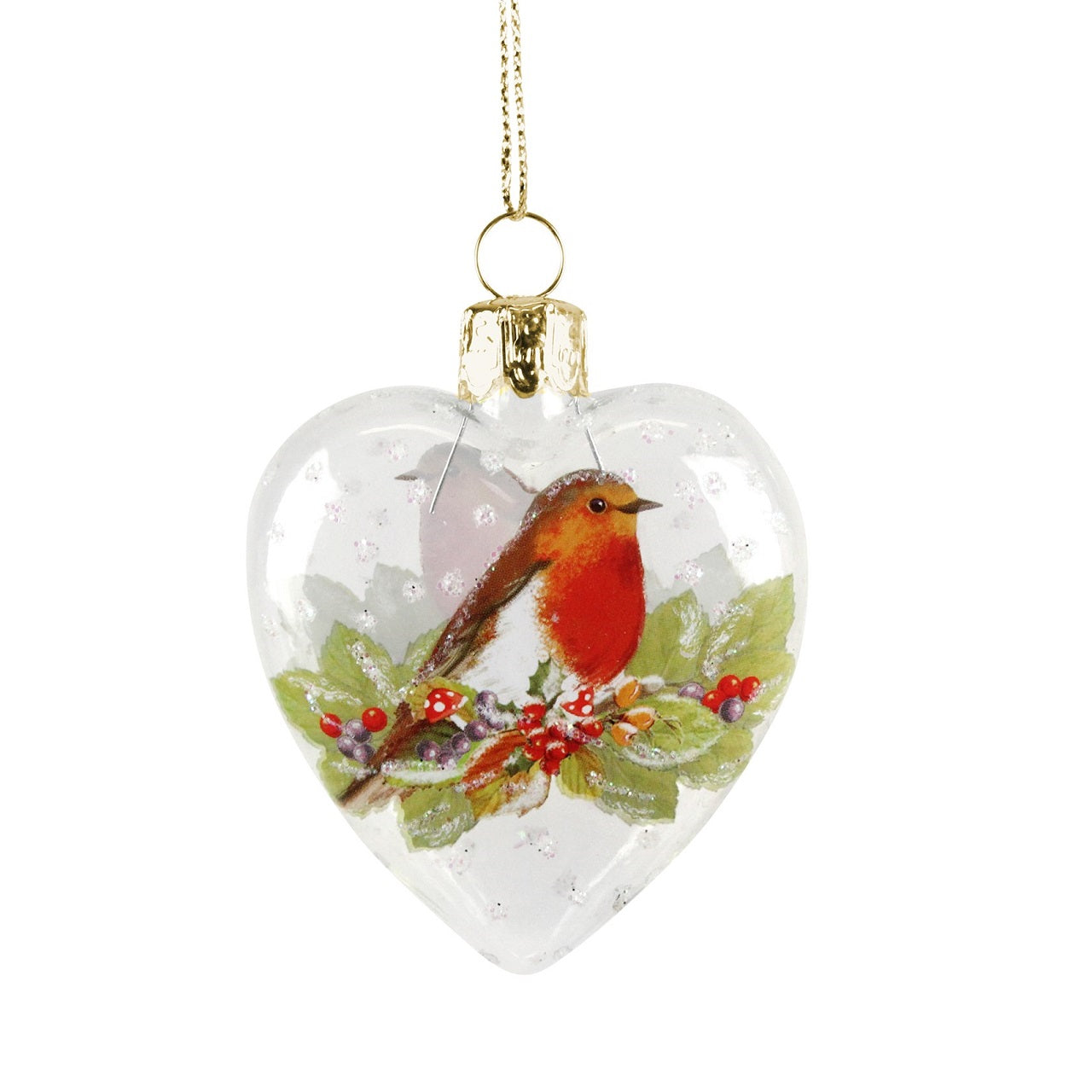 Gisela Graham Heart-Shaped Bauble with Robin Christmas Decoration  Browse our beautiful range of luxury Christmas tree decorations and ornaments for your tree this Christmas.  Add style to your Christmas tree with this beautiful heart-shaped glass bauble decorated with a robin Christmas hanging ornament.