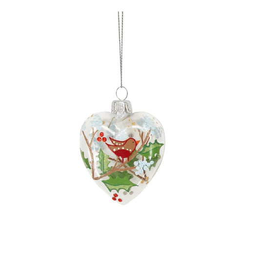 Gisela Graham Heart-Shaped Bauble with Robin Christmas Decoration - Blue  Browse our beautiful range of luxury Christmas tree decorations and ornaments for your tree this Christmas.  Add style to your Christmas tree with this beautiful heart-shaped glass bauble decorated with a robin Christmas hanging ornament.