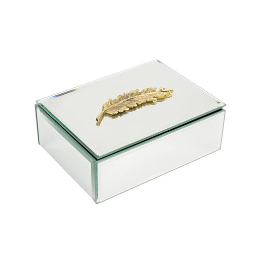 Hestia Mirrored Trinket Box with Golden Feather 16cm  A beautiful mirror glass jewellery box with gold feather lid icon.
