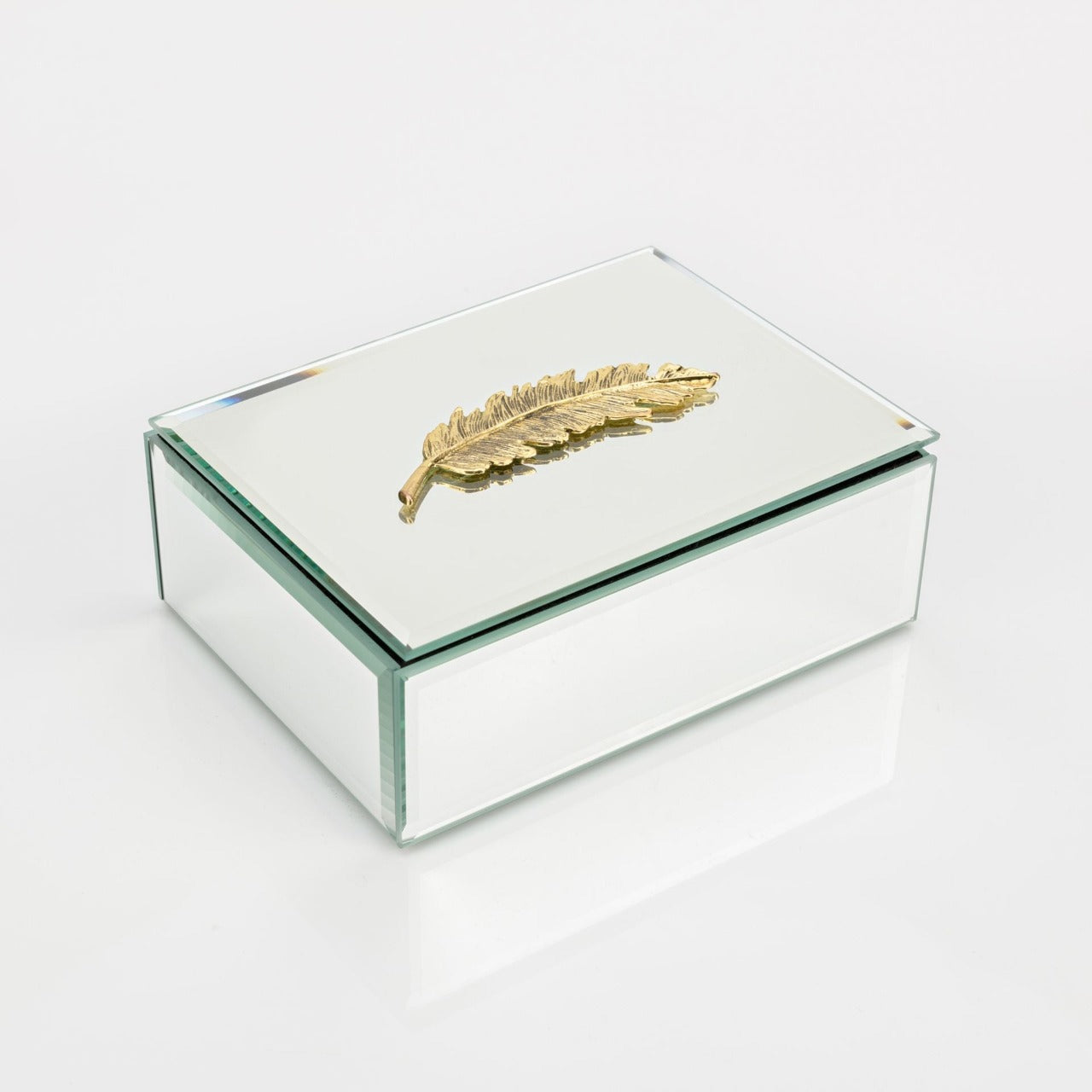 Hestia Mirrored Trinket Box with Golden Feather 16cm  A beautiful mirror glass jewellery box with gold feather lid icon.