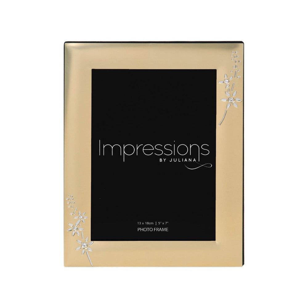 Impressions Photo Frame Brushed Gold Finish 5" x 7"  A beautiful gold aluminium photo frame with silver and crystal embellished floral design. From IMPRESSIONS® - let your photos speak their thousands words.