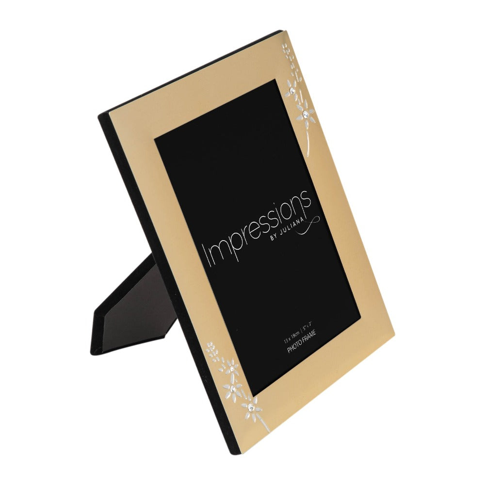 Impressions Photo Frame Brushed Gold Finish 5" x 7"  A beautiful gold aluminium photo frame with silver and crystal embellished floral design. From IMPRESSIONS® - let your photos speak their thousands words.