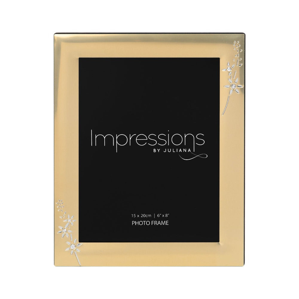 Impressions Photo Frame Brushed Gold Finish 6" x 8"  A beautiful gold aluminium photo frame with silver and crystal embellished floral design. From IMPRESSIONS® - let your photos speak their thousands words.