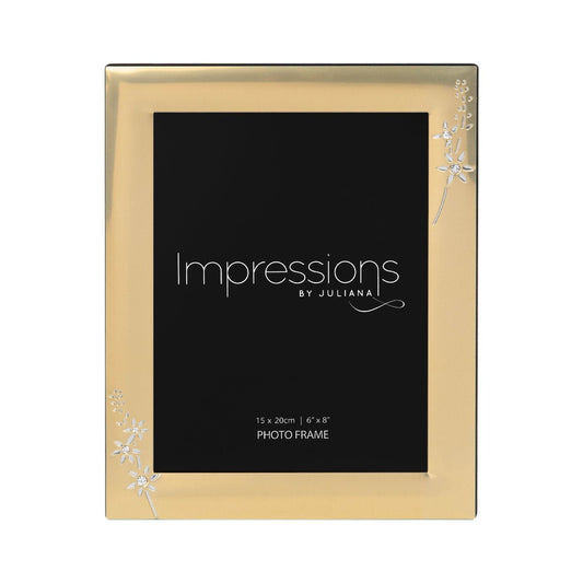 Impressions Photo Frame Brushed Gold Finish 6" x 8"  A beautiful gold aluminium photo frame with silver and crystal embellished floral design. From IMPRESSIONS® - let your photos speak their thousands words.