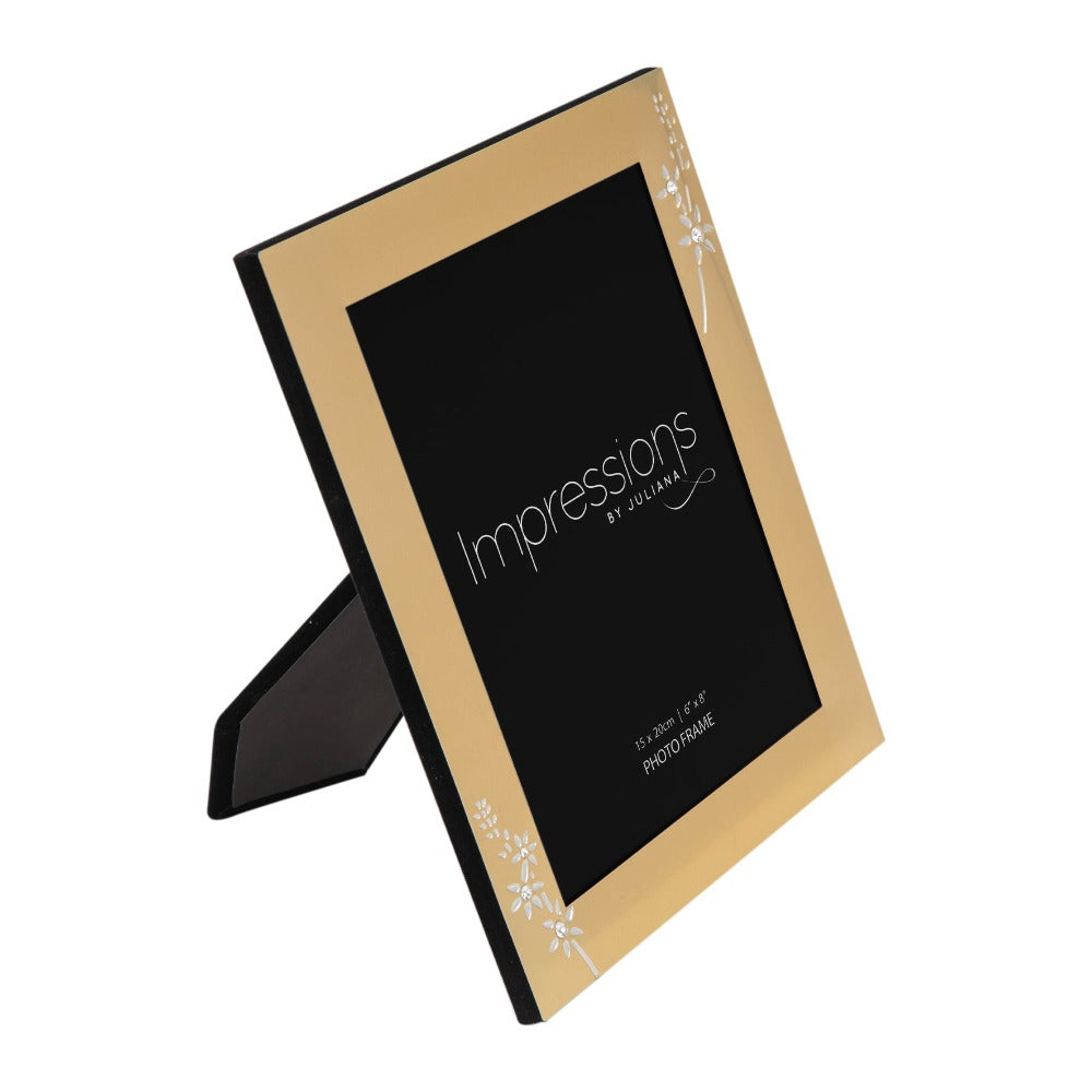 Impressions Photo Frame Brushed Gold Finish 6" x 8"  A beautiful gold aluminium photo frame with silver and crystal embellished floral design. From IMPRESSIONS® - let your photos speak their thousands words.