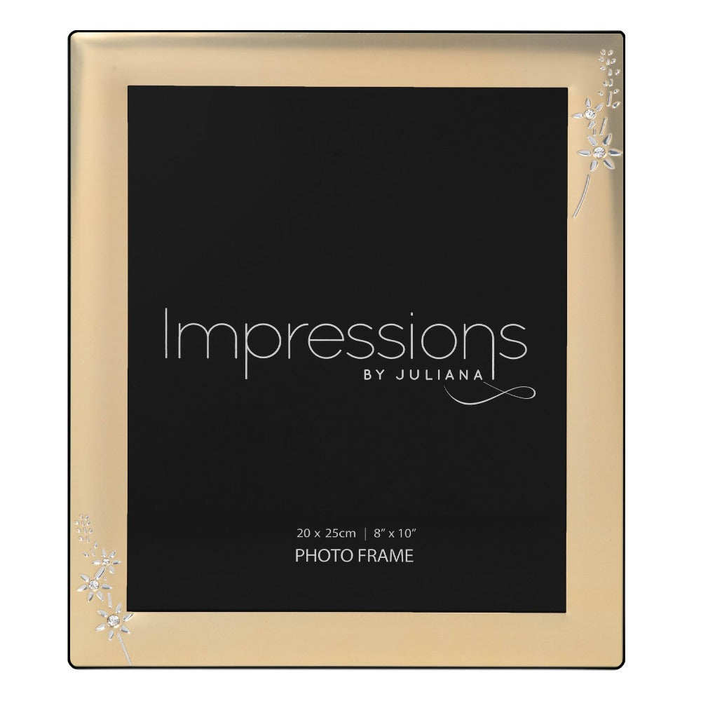Impressions Photo Frame Brushed Gold Finish 8" x 10"  A beautiful gold aluminium photo frame with silver and crystal embellished floral design. From IMPRESSIONS® - let your photos speak their thousands words.