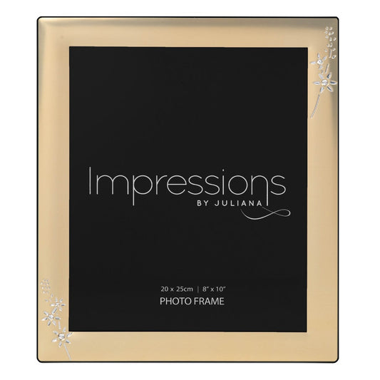 Impressions Photo Frame Brushed Gold Finish 8" x 10"  A beautiful gold aluminium photo frame with silver and crystal embellished floral design. From IMPRESSIONS® - let your photos speak their thousands words.