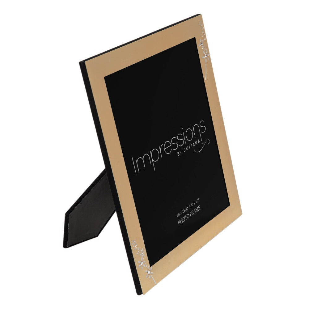 Impressions Photo Frame Brushed Gold Finish 8" x 10"  A beautiful gold aluminium photo frame with silver and crystal embellished floral design. From IMPRESSIONS® - let your photos speak their thousands words.