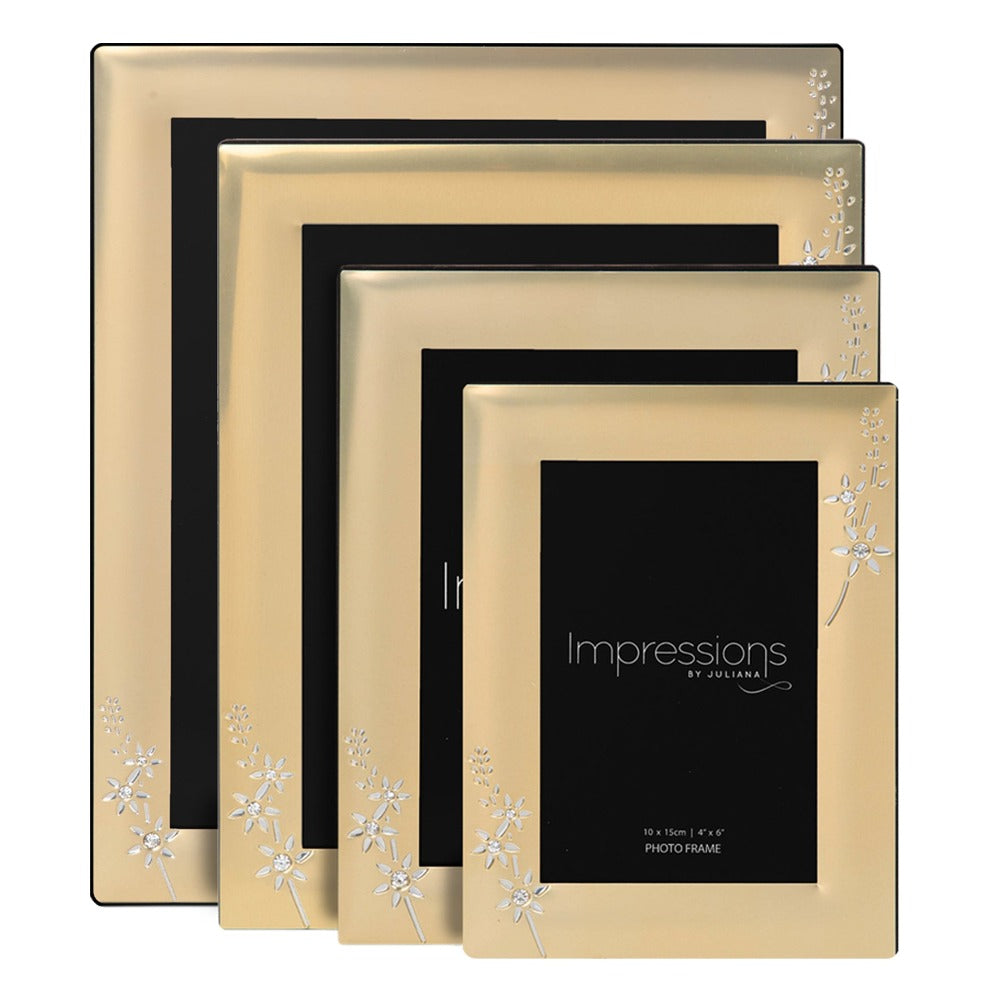 Impressions Photo Frame Brushed Gold Finish 8" x 10"  A beautiful gold aluminium photo frame with silver and crystal embellished floral design. From IMPRESSIONS® - let your photos speak their thousands words.