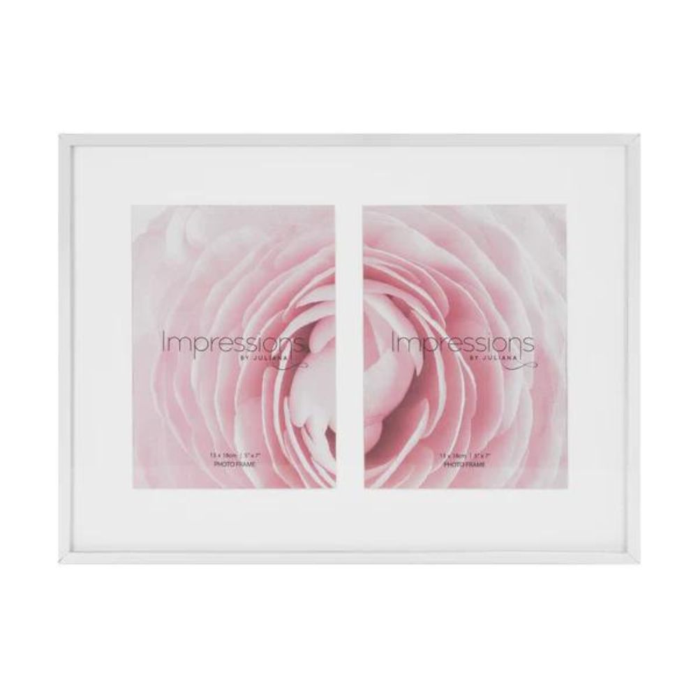 Impressions Silver Plated Double Photo frame 5" x 7"  A beautifully elegant silver plated photo frame with double 5" x 7" aperture from IMPRESSIONS® by Juliana. Complete with crisp white mount, luxury black velveteen standing strut and wall hook.