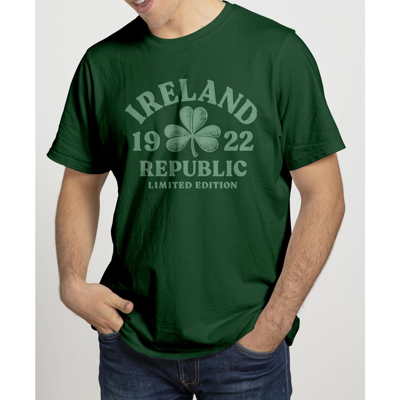 Cara Craft Ireland Bottle Green Embossed 1922 T-Shirt  - 100% cotton - Ash 99% cotton,1% polyester - Heather Grey 97% cotton, 3% polyester - Crew Neck - Designed And Printed in Ireland By Cara craft - Machine Washable