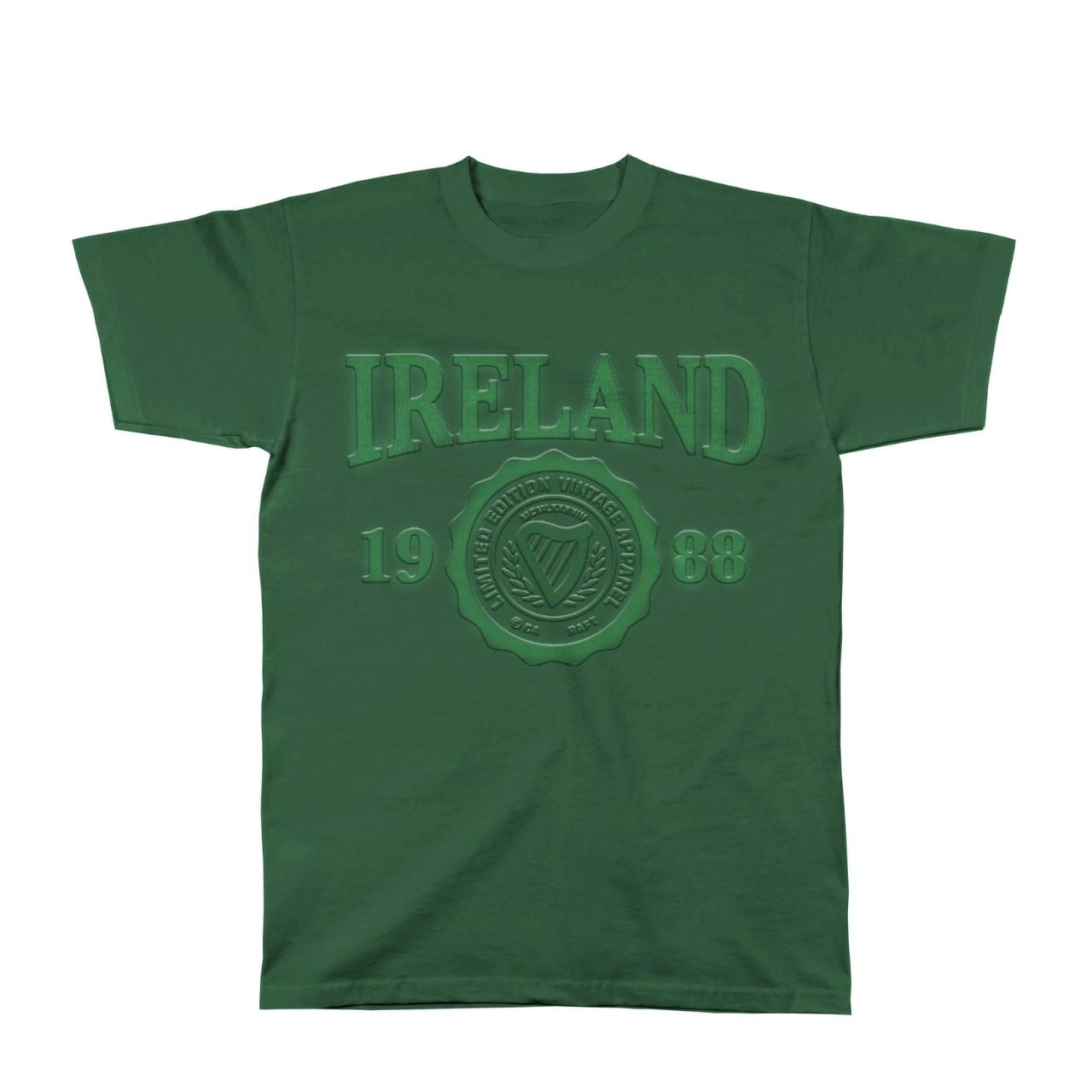 Cara Craft Ireland Bottle Green Embossed 1988 T-Shirt  - 100% cotton - Ash 99% cotton,1% polyester - Crew Neck - Designed And Printed in Ireland By Cara craft - Machine Washable