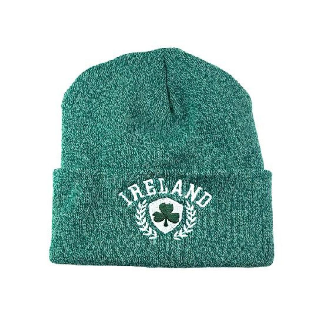 Cara Craft Ireland Shamrock Laurels Green Knit Beanie  - Woollen Hats - Machine Washable - Soft Touch - Premium Feel - Designed in Ireland