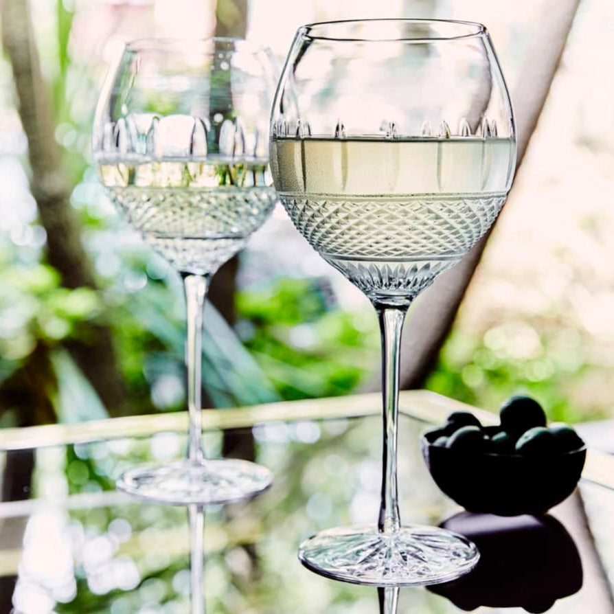 Waterford Crystal Irish Lace White Wine set of 2  Waterford’s Mastercraft Irish Lace White Wine glasses feature a hand crafted pattern in exquisite crystal, inspired by the bobbin used to tirelessly handcraft world-renowned Irish lace.