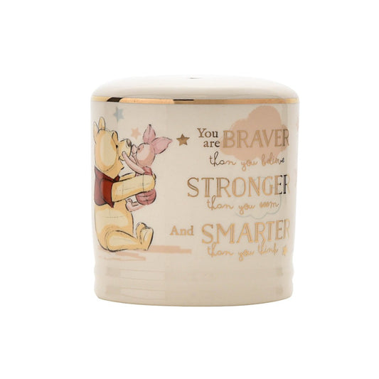 Disney Magical Beginnings Ceramic Money Box Bank - Winnie the Pooh  Evoke the magic of Disney with this Winnie The Pooh money bank.  As part of our Disney Magical Beginnings range, this beautiful money bank features an original sketch of Winnie the Pooh and Piglet, with the sentiment 'You are braver than you believe, stronger than you seem and smarter than you think' in gold foil lettering.