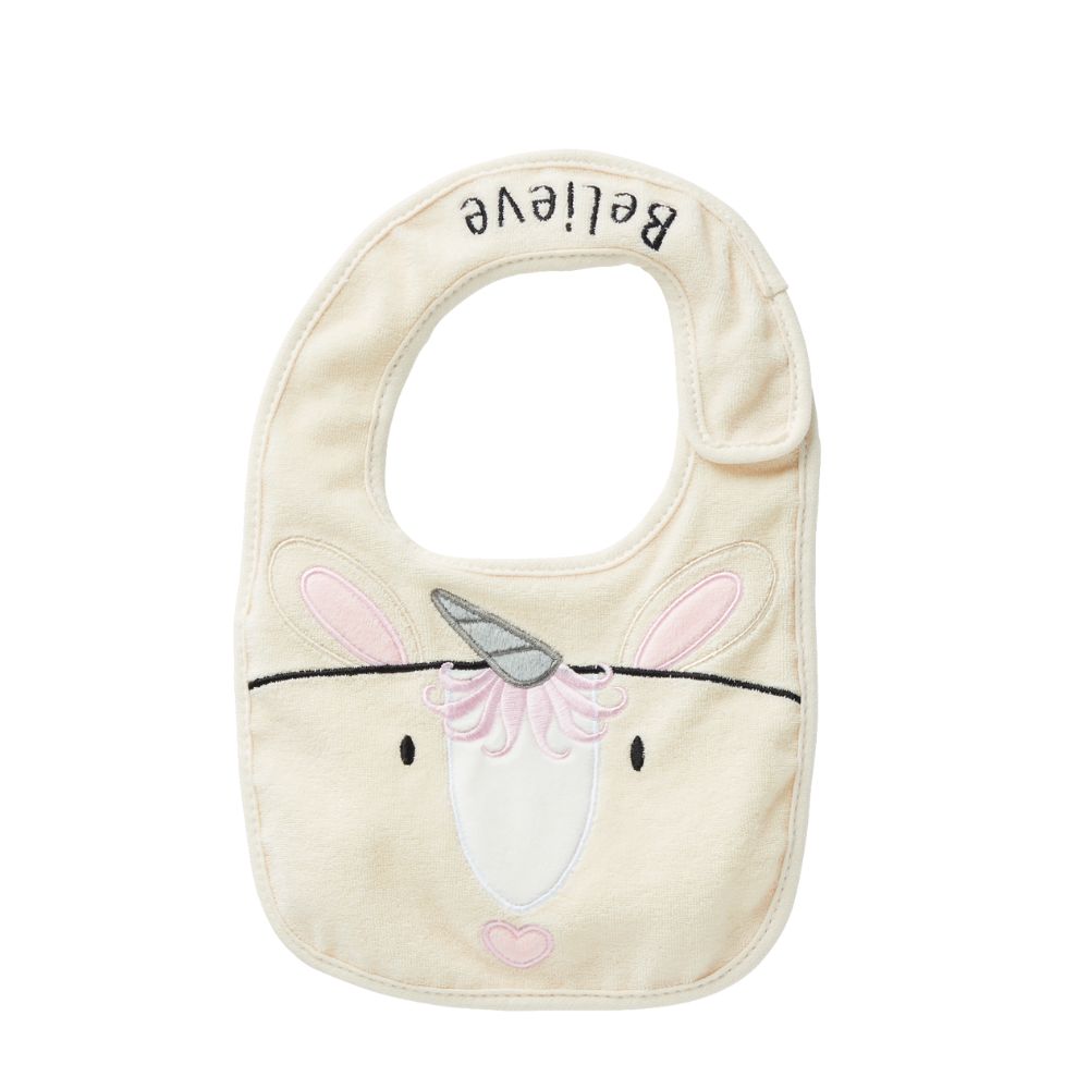 Izzy and Oliver Baby Collection Unicorn Baby Bib  This super soft and super cute Unicorn bib is perfect for little ones. Featuring a sweet Unicorn face that is embroidered for safety, Velcro fastening for easy wear and made from 100% cotton, it can be machine washed. This is part of the Izzy and Oliver Baby collection.