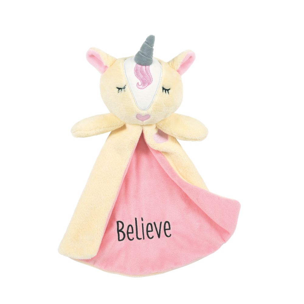 Izzy and Oliver Baby Collection Unicorn Tag-A-Long  Super soft Unicorn Tag-A-Long is perfect for any baby. Suitable from 0m+, this Unicorn can be machine washed and is perfect for comfort on the go. Features are all embroidered for safety. 100% cotton. Comes in a polybag with J hook and hang tag.