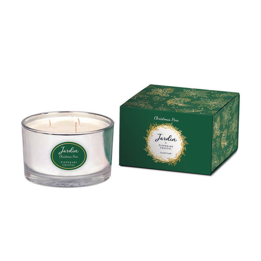 Tipperary Crystal Jardin 3 Wick Candle - Christmas Pine  The nostalgic scent of pine from a freshly cut Christmas tree fills the room as the subtle spices whisper that Christmas is here.