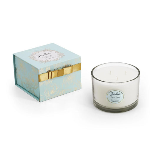 Tipperary Crystal Jardin Collection 3 Wick Candle - Pear & Freesia  Jardin Collection 3 Wick Candle - Pear & Freesia  Pear & Freesia The freshness of just ripe pear will envelope your home with a comforting sense of Autumn wrapped in a bouquet of freesias. This scent is sure to create a luxuriously comforting atmosphere in any home.