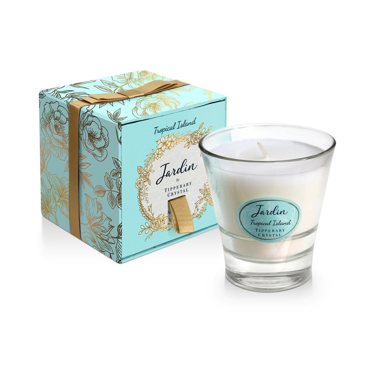 Tipperary Crystal Jardin Collection Candle - Tropical Island  NEW 2022  Our luxurious range of fragranced candles are hand poured and hand finished using a natural blend of wax and a lead-free cotton braided wick to ensure a clean, toxin-free burn in your home. Each fragrance is made using the essence of essential oils and has a maximum of 40-45 hours burn time.