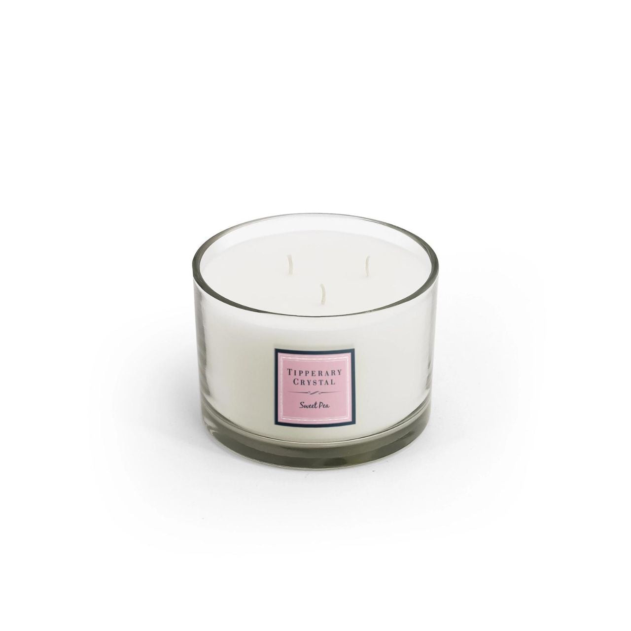Tipperary Crystal Jardin Collection 3 Wick Candle - Sweet Pea  This is a beautifully designed Sweet Pea fragranced candle. Indulge yourself with the fresh ﬂoral fragrance of sweet pea with a base of precious woods.