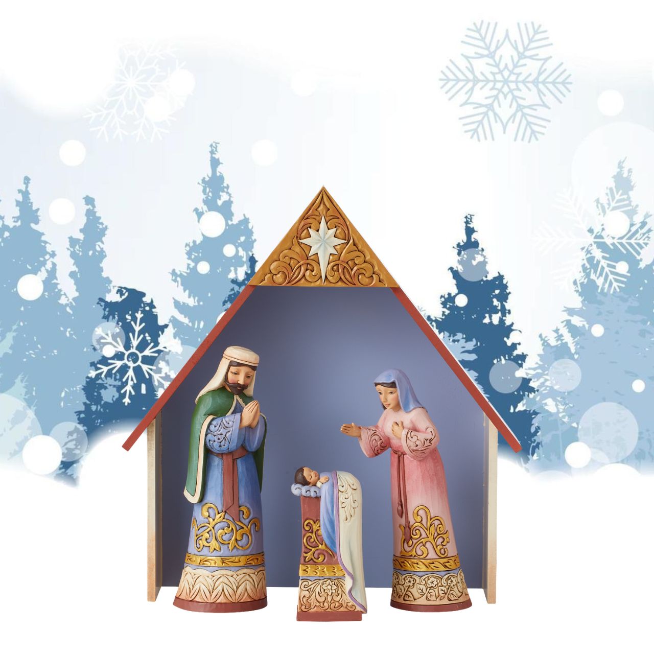 Jim Shore Heartwood Creek Collection 4 Piece Nativity set  Traditional Heartwood Creek Collection; Wood carved textures and intricately detailed designs. Unique, sometimes surprising combinations of colours - often incorporating a touch of Jim's favourite colour - purple. 