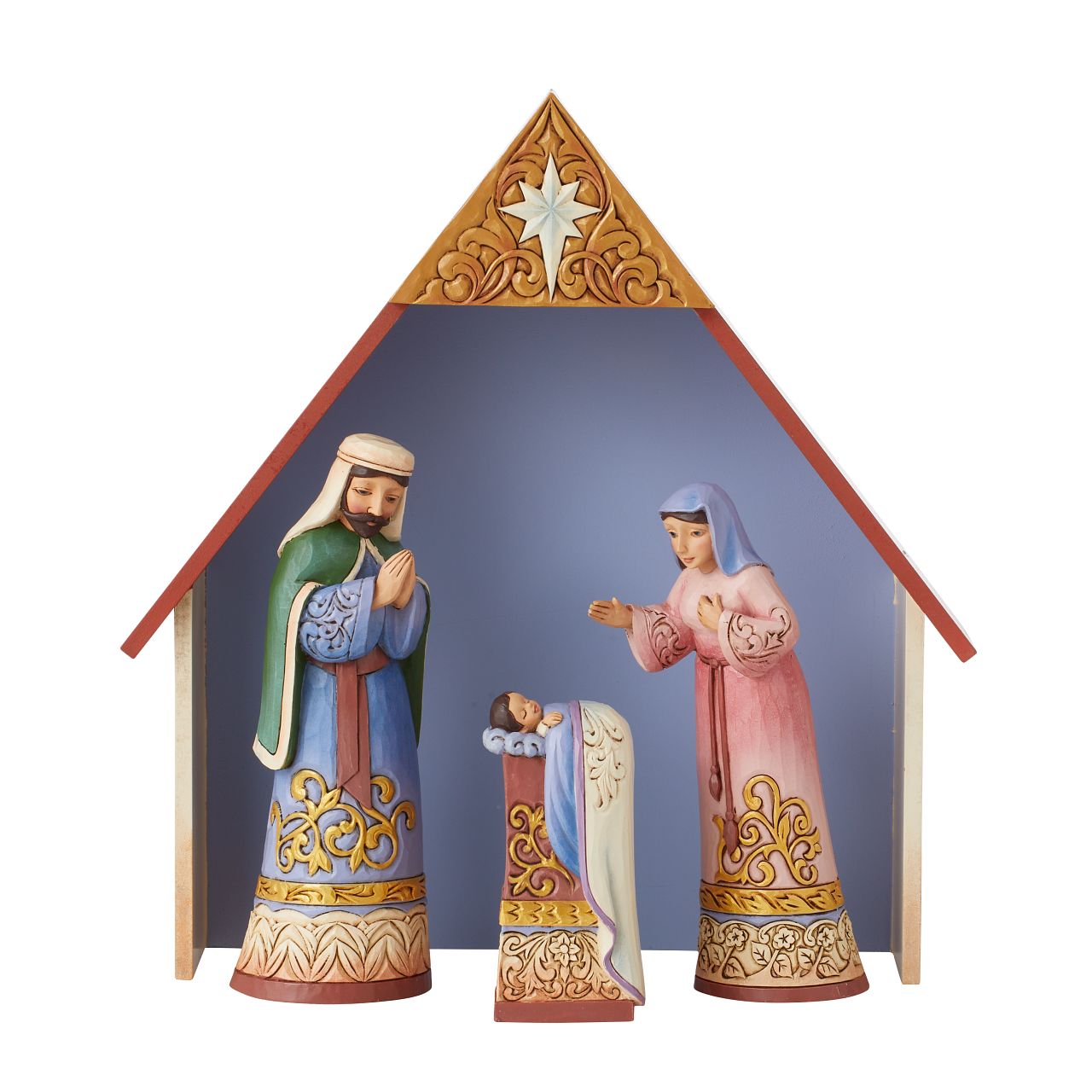 Jim Shore Heartwood Creek Collection 4 Piece Nativity set  Traditional Heartwood Creek Collection; Wood carved textures and intricately detailed designs. Unique, sometimes surprising combinations of colours - often incorporating a touch of Jim's favourite colour - purple.