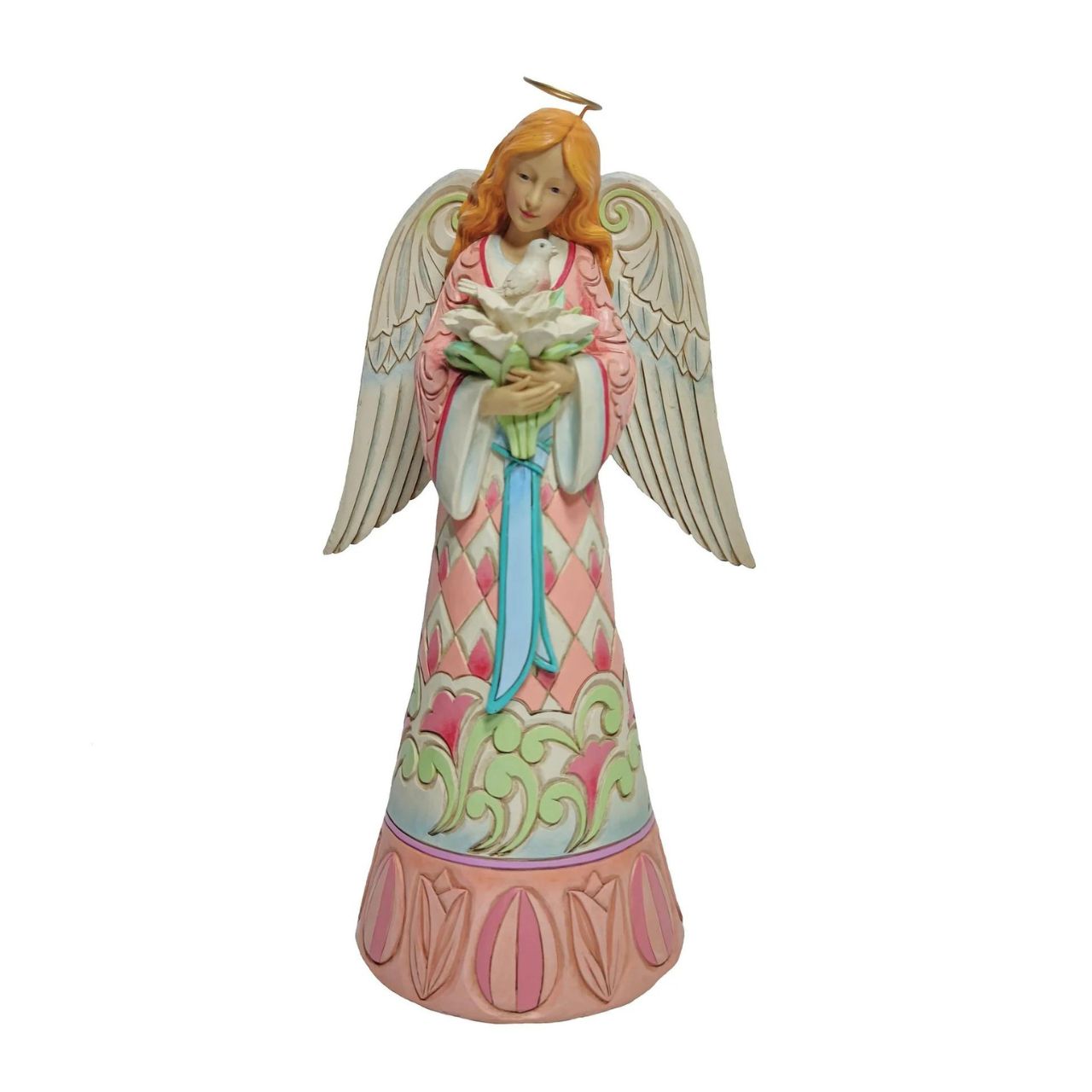 Jim Shore Angel with Easter Lilies and Doves Figurine  "Easter Faith" With an armful of Easter lilies, this brightly gowned angel blesses your home this Spring with grace and love. With a dress patterned in flowers and cheery colours, she admires a dove and reflects on the great blessings the Lord delivered on Easter.