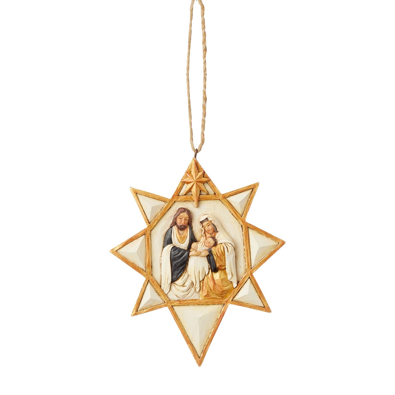 Jim Shore Black and Gold Nativity Star Hanging Ornament  Jim Shore's stunning Black & Gold collection features unmistakable style finished with striking, contrasting colour. This beautiful Nativity ornament design details the timeless story at the heart of Christmas.