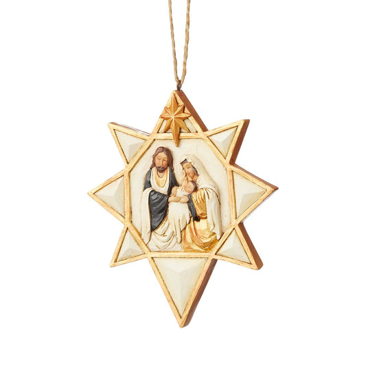 Jim Shore Black and Gold Nativity Star Hanging Ornament  Jim Shore's stunning Black & Gold collection features unmistakable style finished with striking, contrasting colour. This beautiful Nativity ornament design details the timeless story at the heart of Christmas.