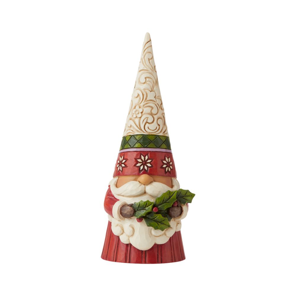 Jim Shore Heartwood Creek Christmas Gnome Holding Holly  "Sprig of Christmas Spirit" There's no place like gnome for Christmas. Celebrate the season with this incredibly crafted holiday gnome by Jim Shore. Patterned in delicate engravings and flowers, this gnome holds a bushel of holly with a moustache hidden smile. 
