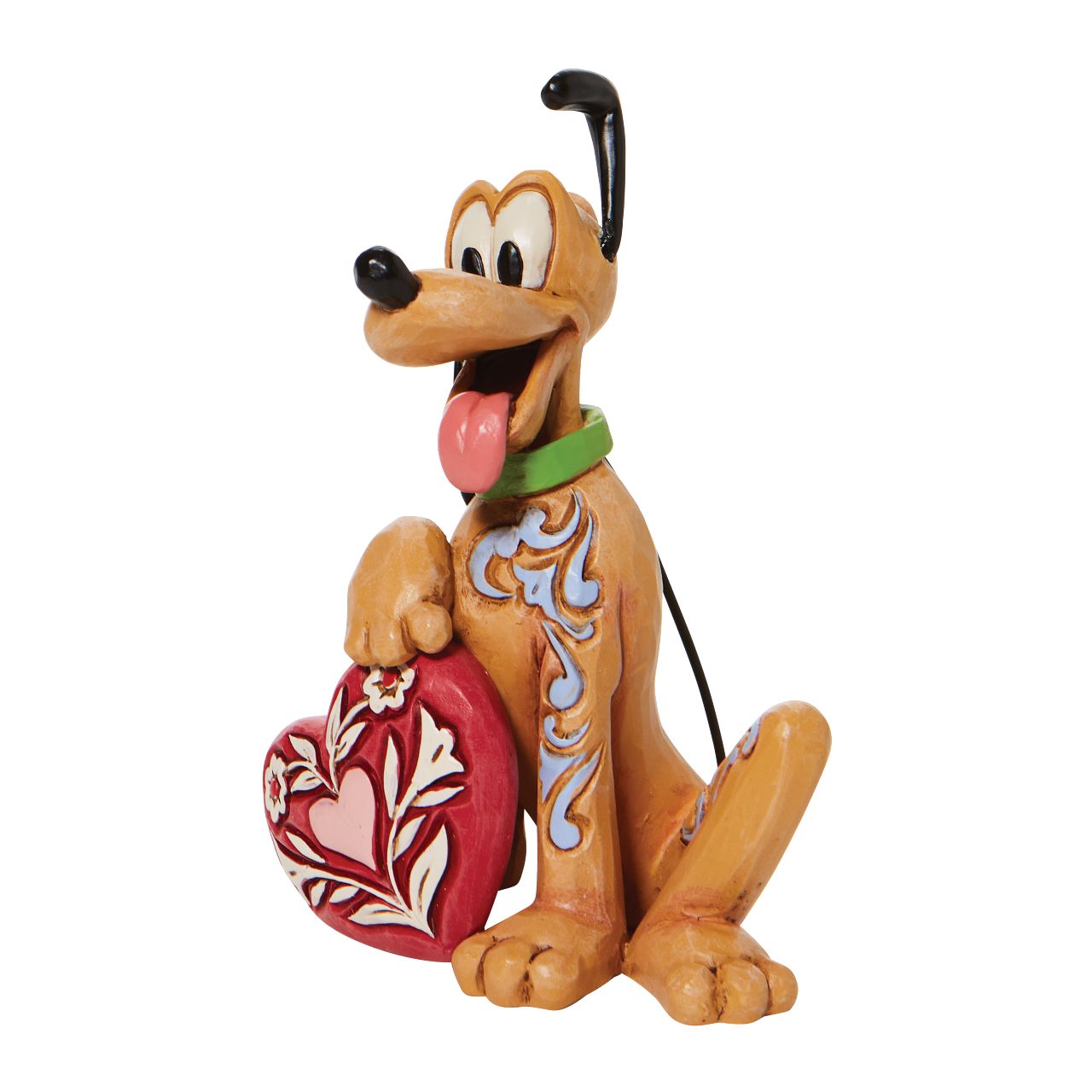 Jim Shore Pluto Heart Mini Figurine  Mickey and Minnie Mouse's pet dog, Pluto the pup, holds a rosemaled heart under his yellow paw in this lively Jim Shore figurine from Disney Traditions. With one ear raised inquisitively, Pluto wears a giddy expression in this delightful miniature.